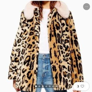 Topshop Leopard print faux fur coat pink collar. Size 10 . New with tag.